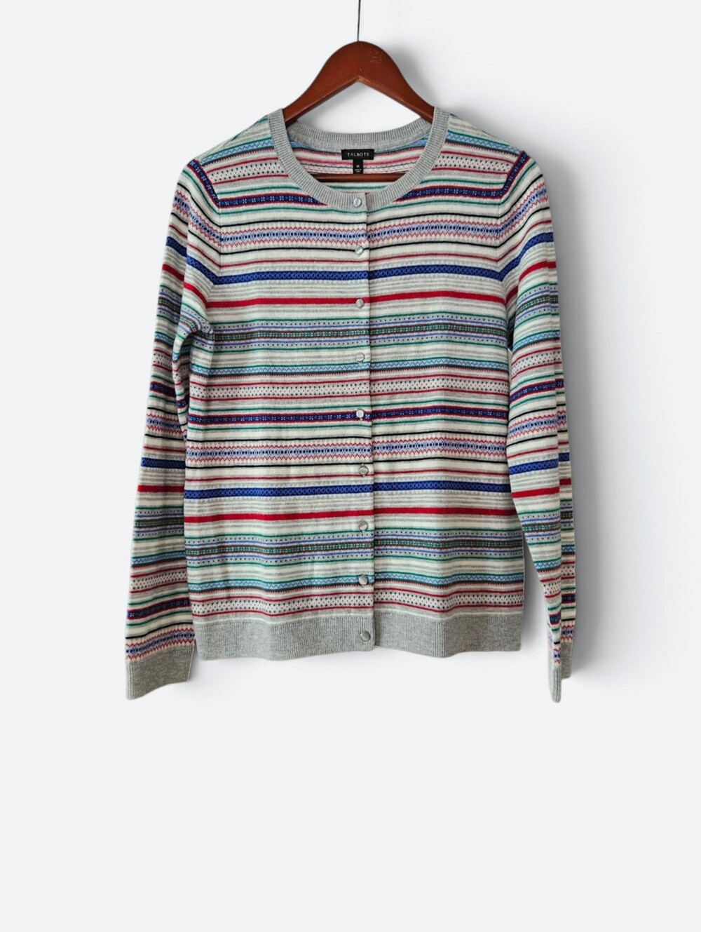 Talbots Lambswool Blend Fair Isle Striped Fine Knit Crewneck Cardigan Sweater M